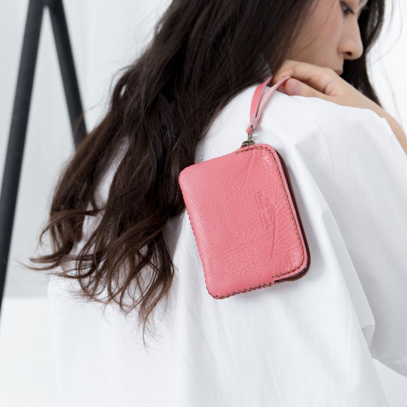 TRIPLET MINI-HANDMADE LEATHER SMALL COIN PURSE-PINK - 零钱包 - 真皮 粉红色