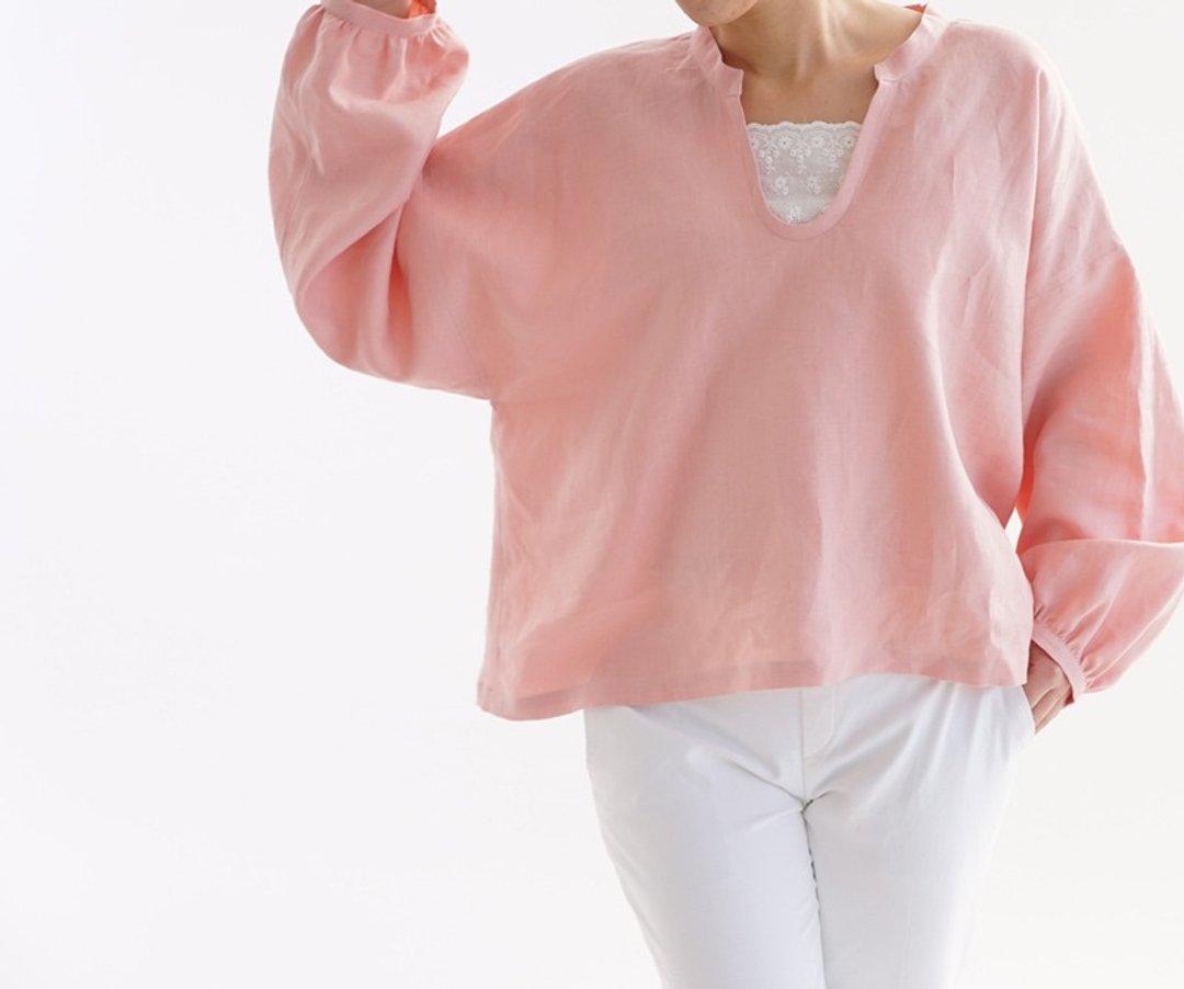 Belgian linen plenty sleeve Skipper / Rozusomon a17-8 - 女装上衣 - 棉 粉红色