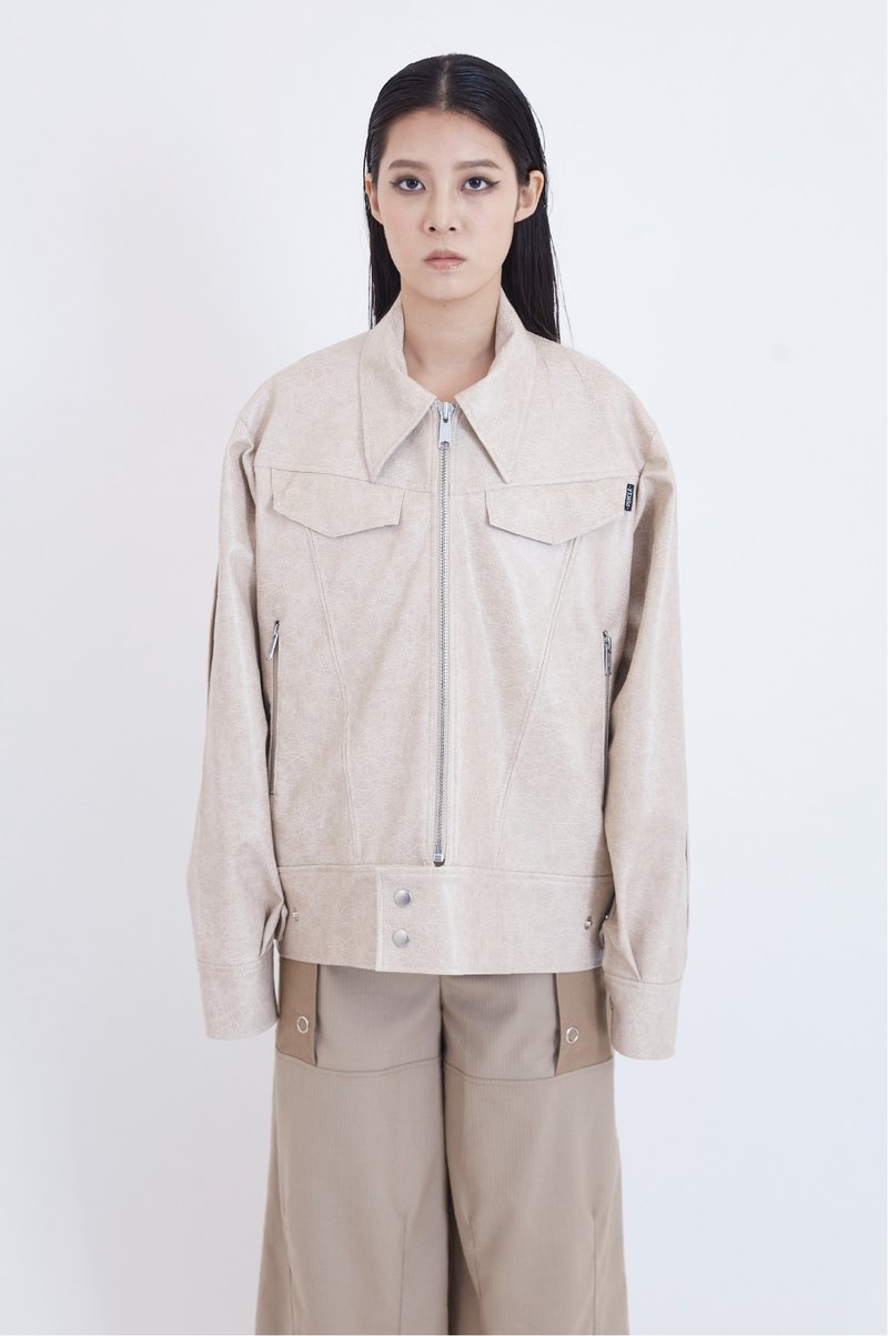 皮革拉链夹克 - 男装外套 - 人造皮革 卡其色