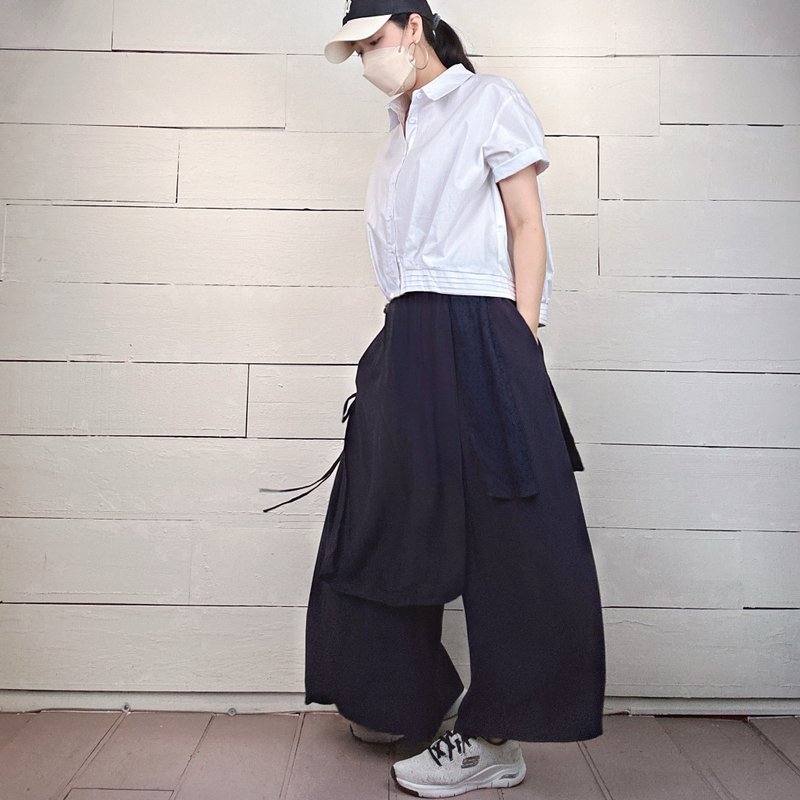 蓝 -侧绑带拼色裤裙 #T2249 - 女装长裤 - 棉．麻 蓝色