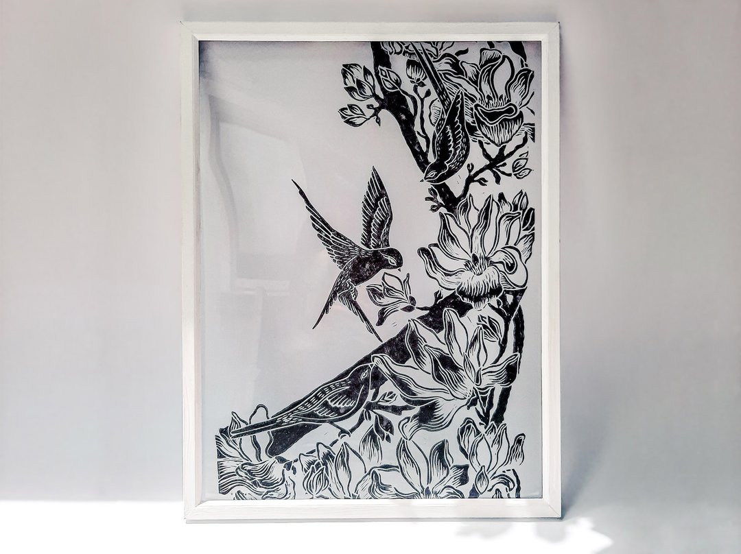 有机玻璃 linocut 印刷玉兰花鸟墙艺术黑色植物 - 海报/装饰画/版画 - 塑料 黑色