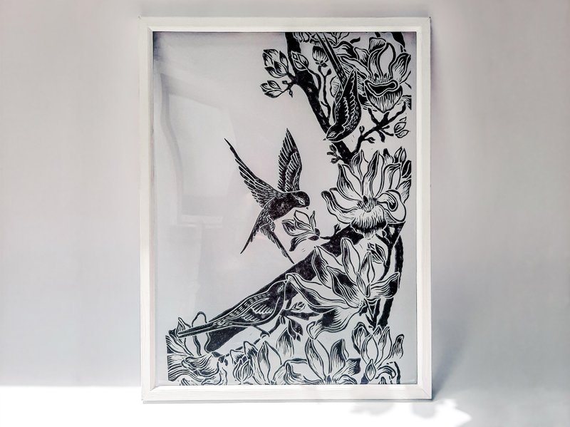 有机玻璃 linocut 印刷玉兰花鸟墙艺术黑色植物 - 海报/装饰画/版画 - 塑料 黑色