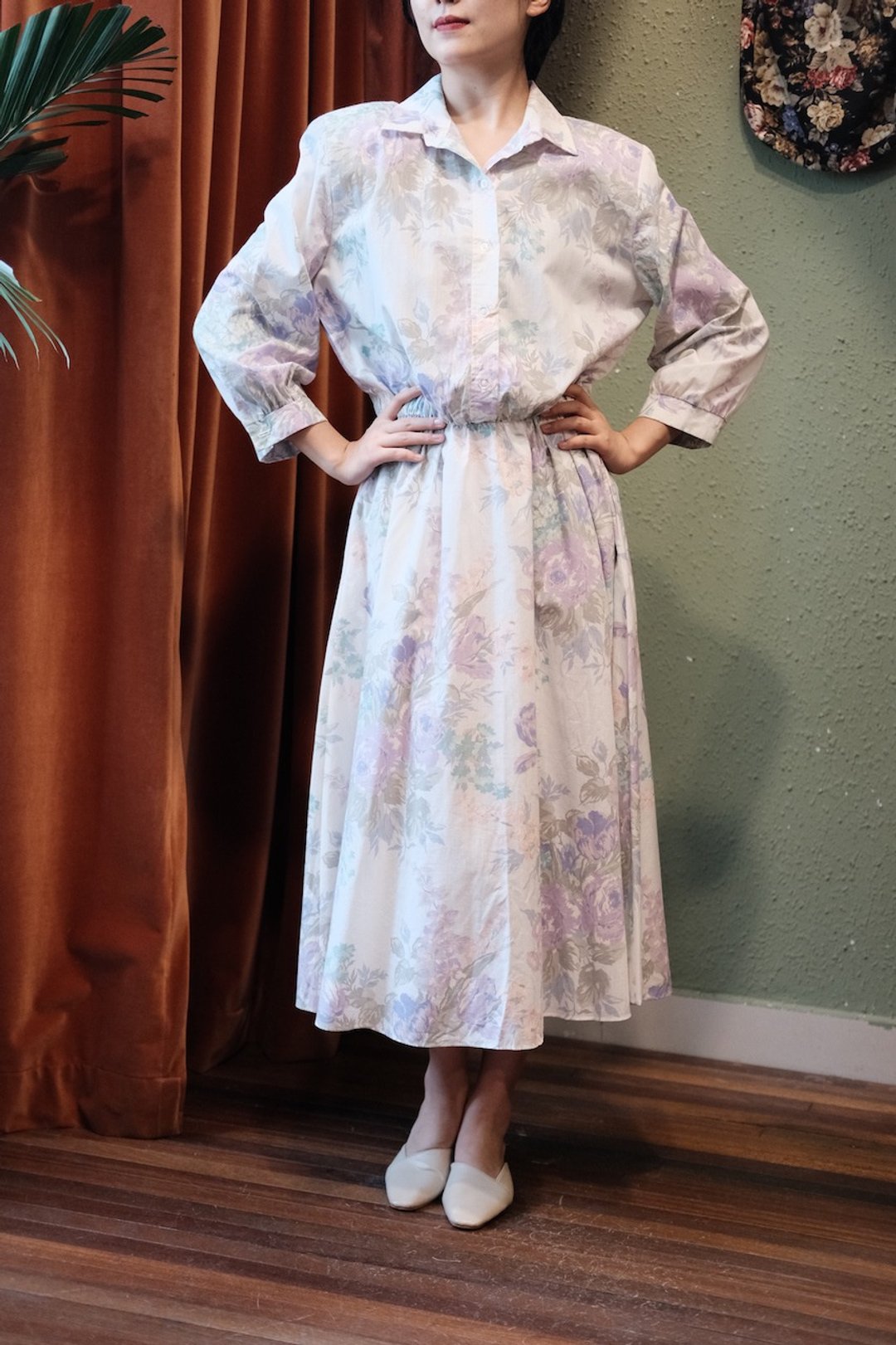 vintage dress美国制衬衫翻领印花连衣裙古着长袖连衣裙 - 裙子 - 棉．麻 