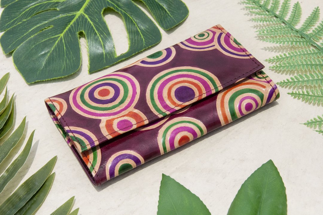 情人节礼物 手工山羊皮夹/手绘日式风格皮革钱包/长皮夹-彩虹点点 - 皮夹/钱包 - 真皮 多色
