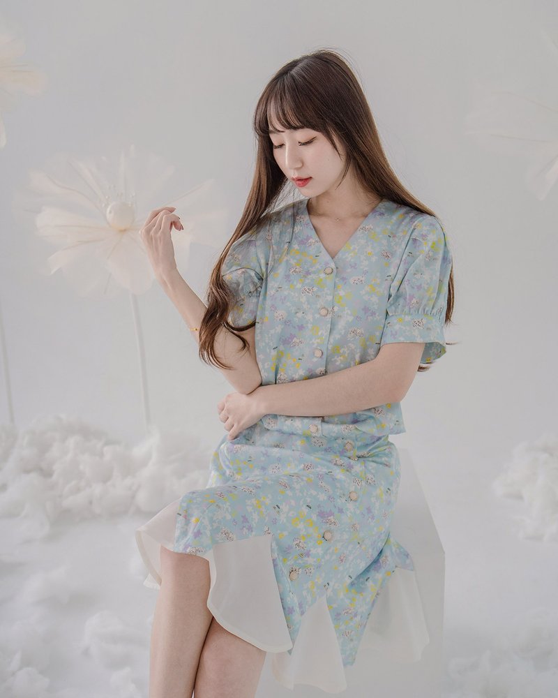 【波丽印花】泰迪小熊 插片膝上裙 A字鱼尾裙摆 北海道 合谷色 - 裙子 - 棉．麻 蓝色