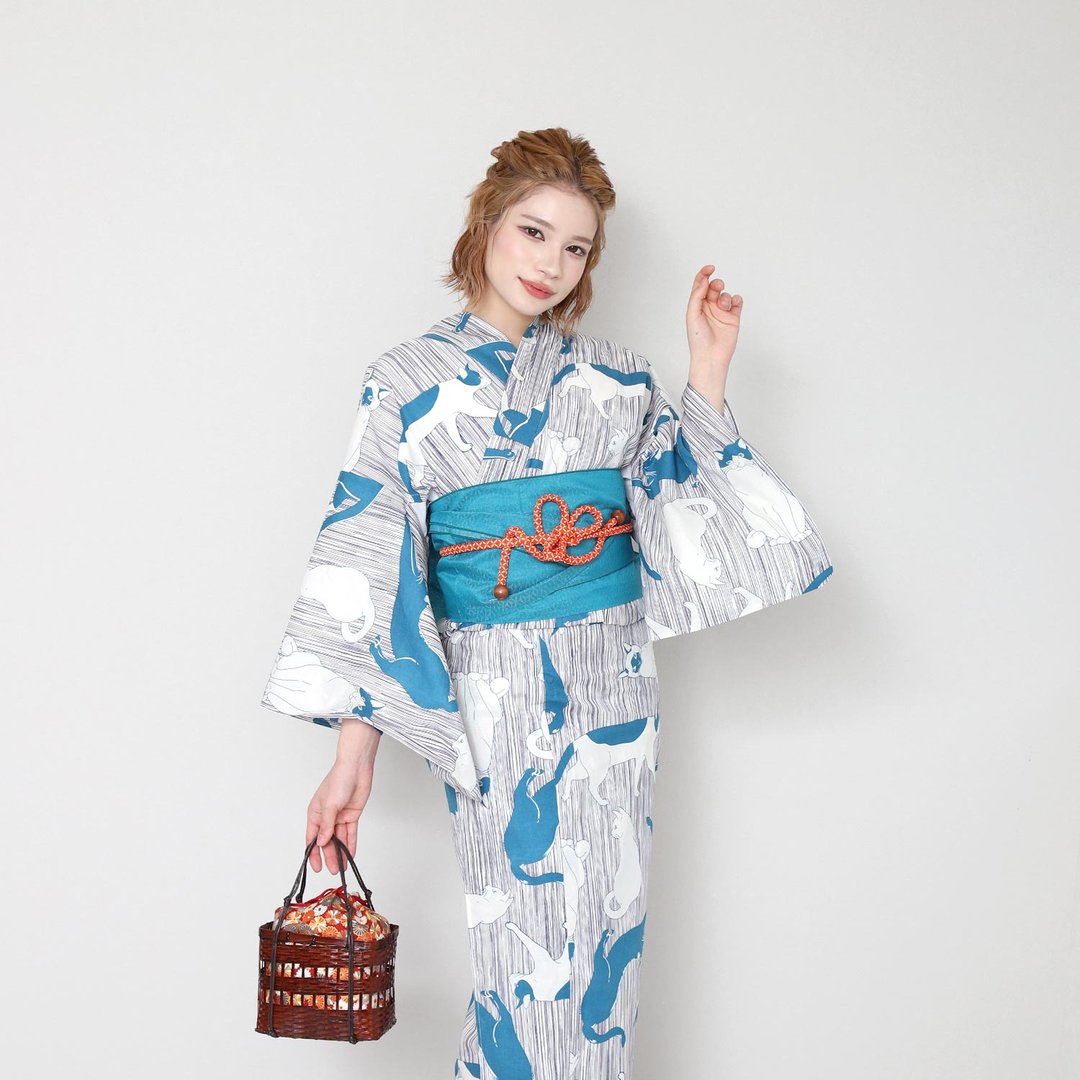 日本 和服 猫图案 女性 浴衣 腰封 2件组 F Size x23-05 yukata - 其他 - 棉．麻 蓝色