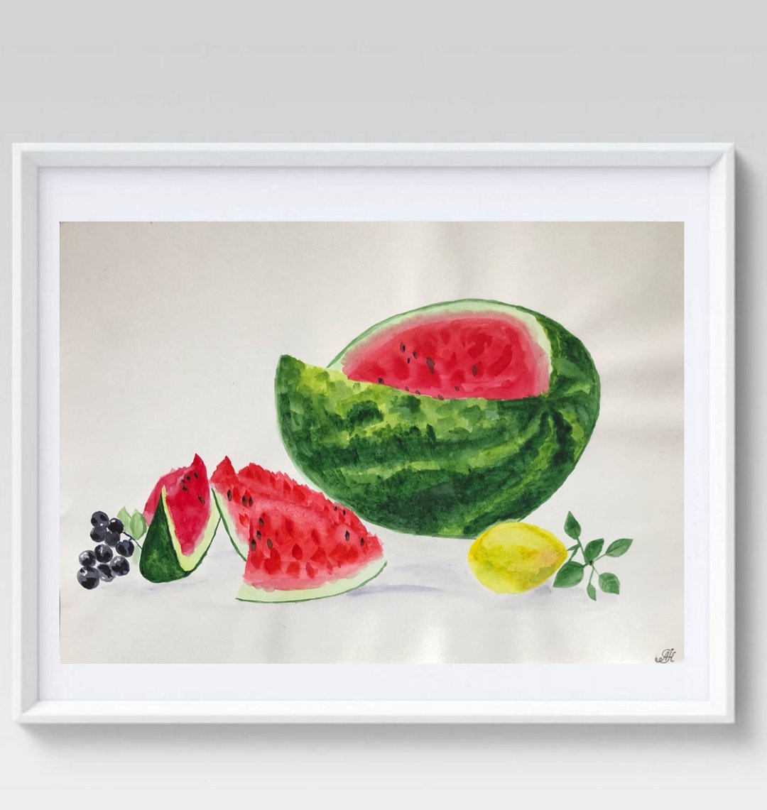 Watermelon still life original watercolour painting modern painting wall art - 墙贴/壁贴 - 其他材质 红色