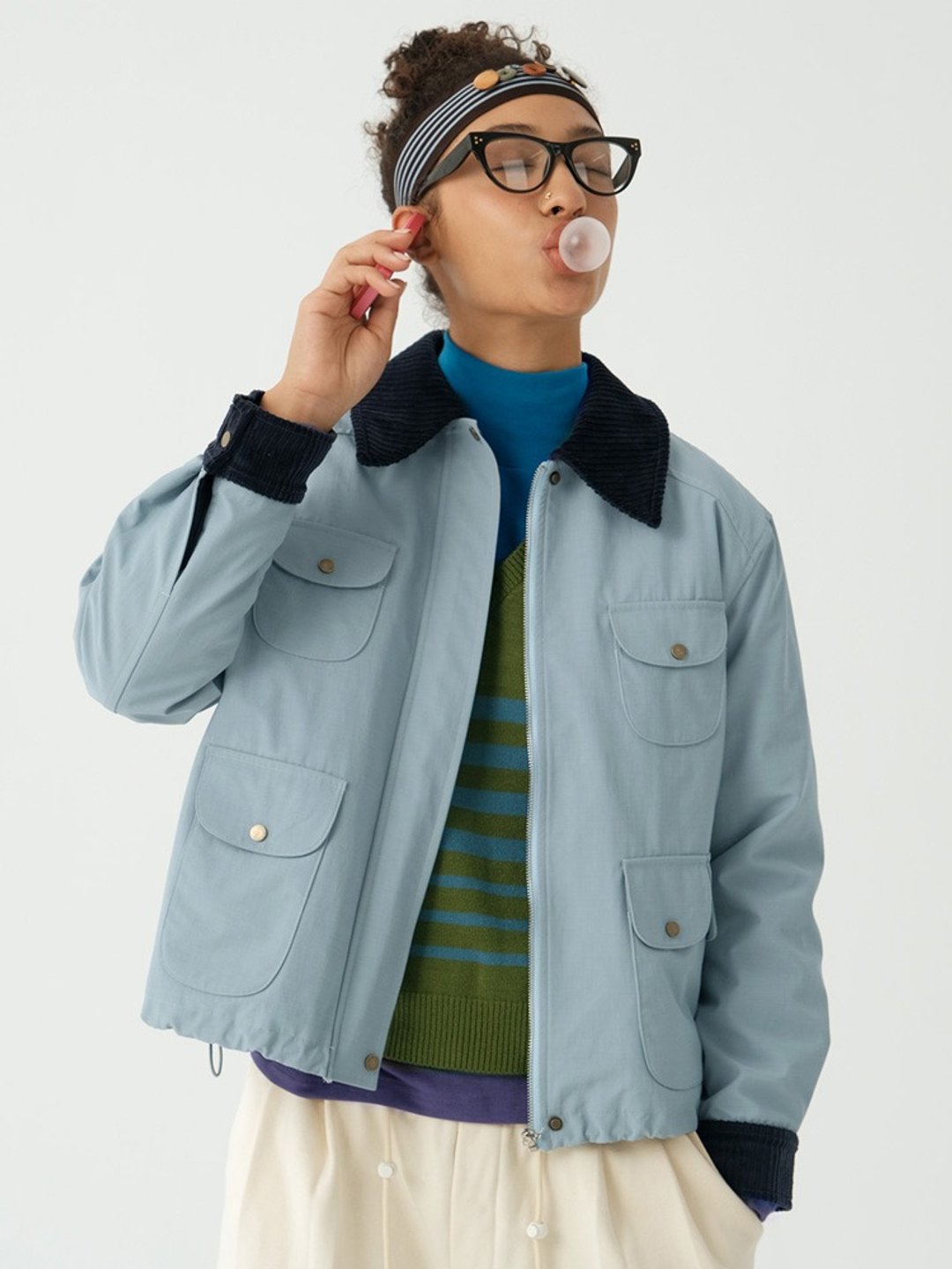 ECRU SOLI citygirl户外风 灯芯绒领天蓝底特律棉服夹克 - 女装休闲/机能外套 - 其他材质 蓝色