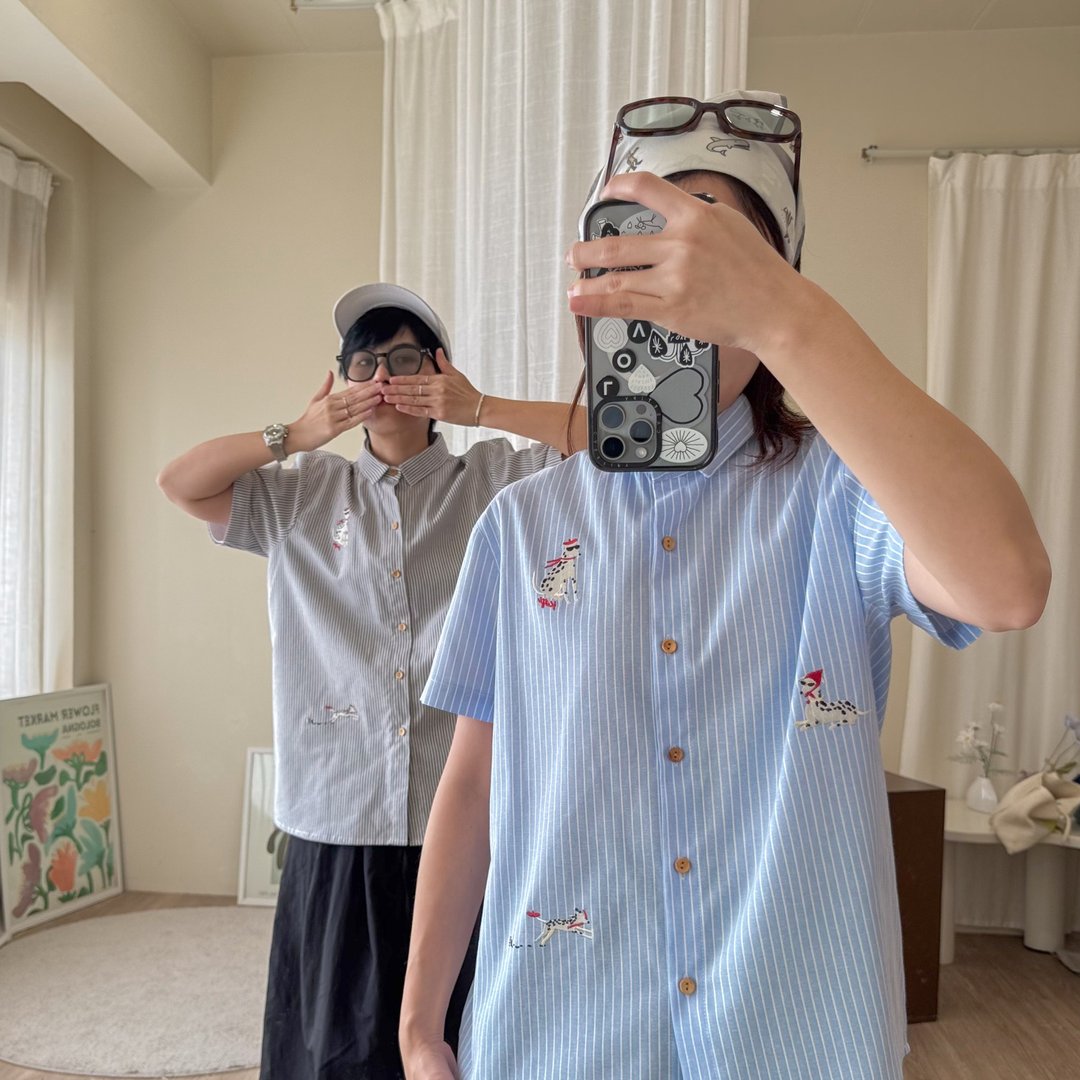 刺绣衬衫 (Embroidery Shirt) : 蓝色条纹 (Stripe) : 斑点狗 - 女装衬衫 - 棉 蓝色