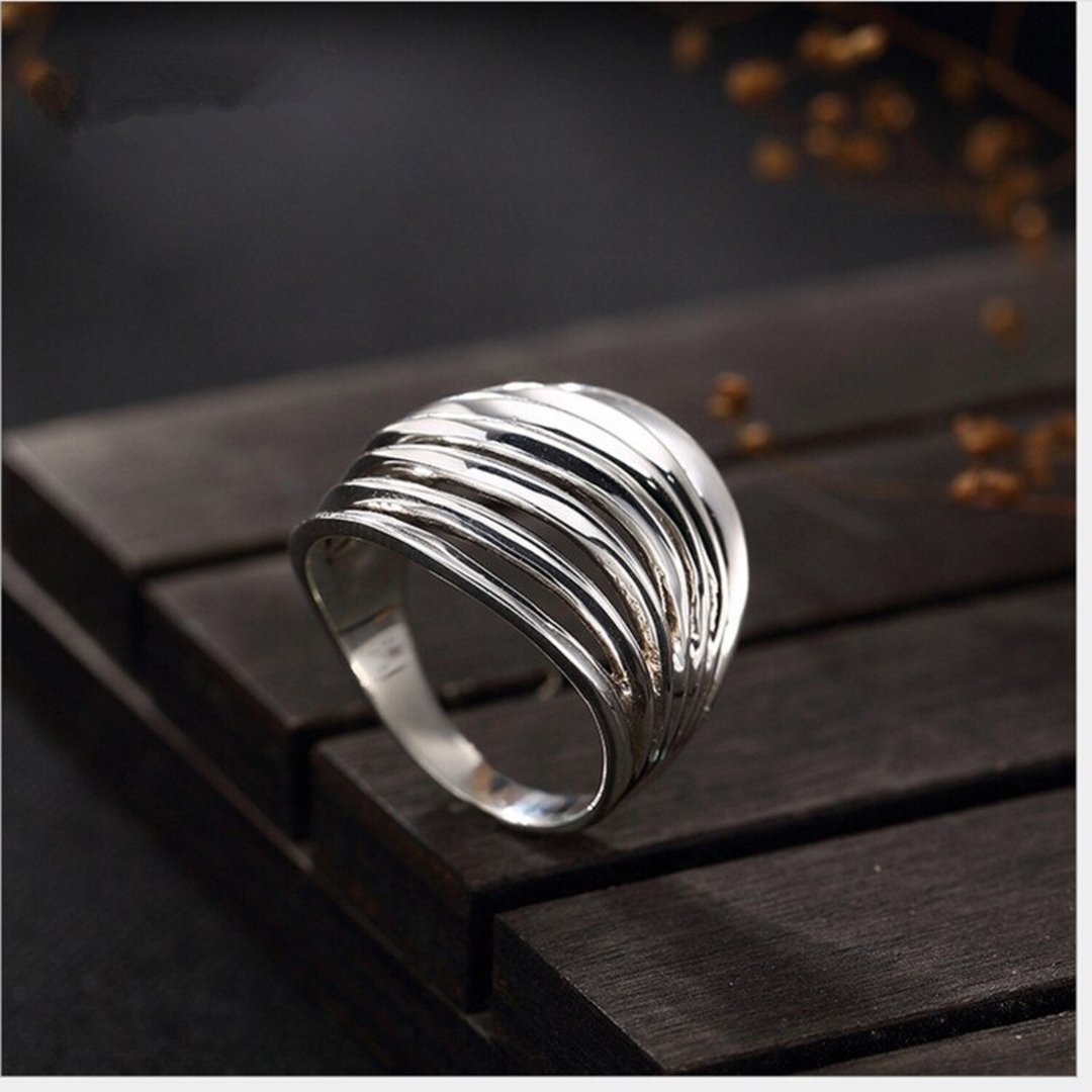 Real 925 Sterling Silver Fine Jewelry Personalized Hollow Wide Rings 7 Circles - 戒指 - 纯银 银色