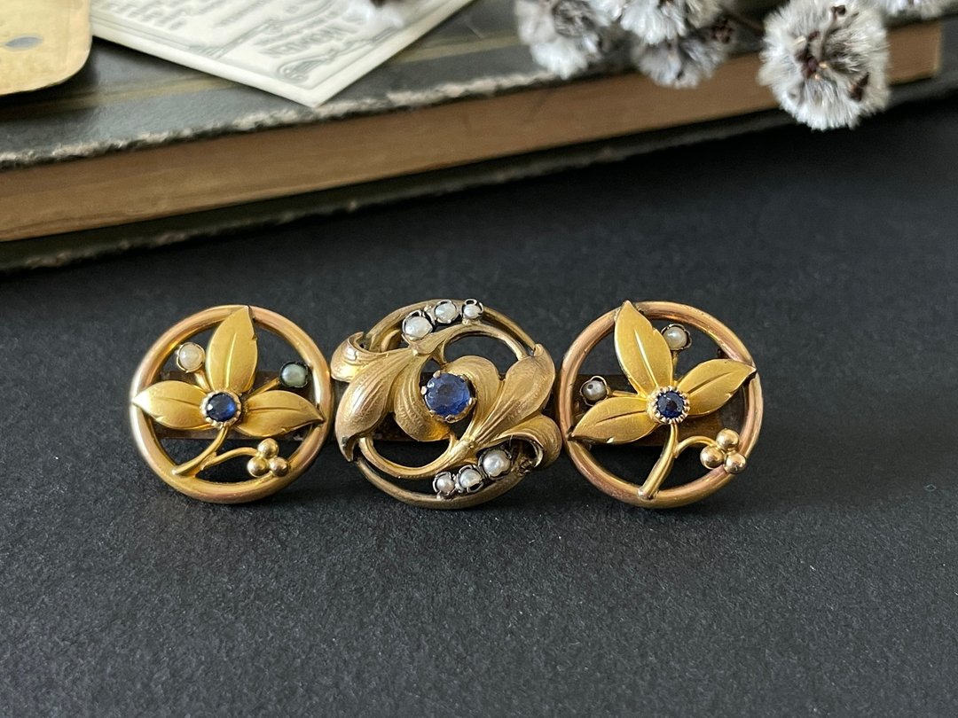 Antique新艺术时期1900 古董 金色花叶珍珠宝石别针 法国购入b53 - 胸针 - 其他金属 金色