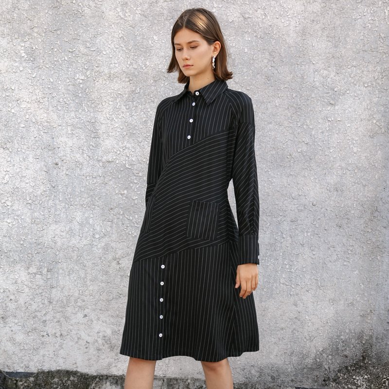 不对称拼接条纹撞色钮扣长袖连身裙 - 洋装/连衣裙 - 其他材质 黑色