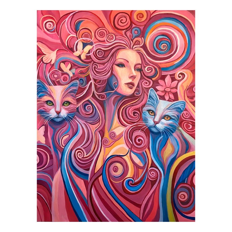 在粉红色梦幻的世界,原创油画,女孩,动物,猫 - 墙贴/壁贴 - 羊毛 粉红色