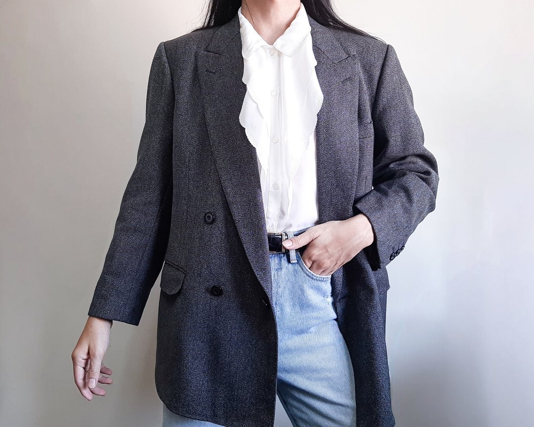 1997 年款 LANVIN 复古灰色人字纹羊毛双排扣西装外套 日本制造S - 男装西装外套 - 羊毛 咖啡色