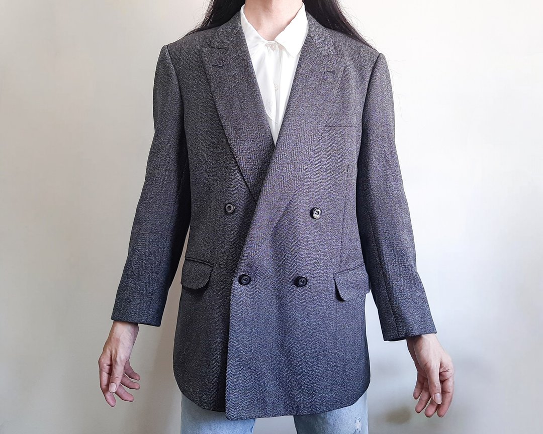 1997 年款 LANVIN 复古灰色人字纹羊毛双排扣西装外套 日本制造S - 男装西装外套 - 羊毛 咖啡色