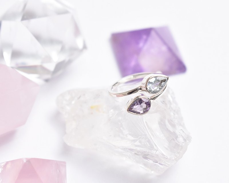 海蓝宝石与紫水晶．双石．纯银戒指 – 925 纯银叉形戒圈 - 戒指 - 宝石 紫色