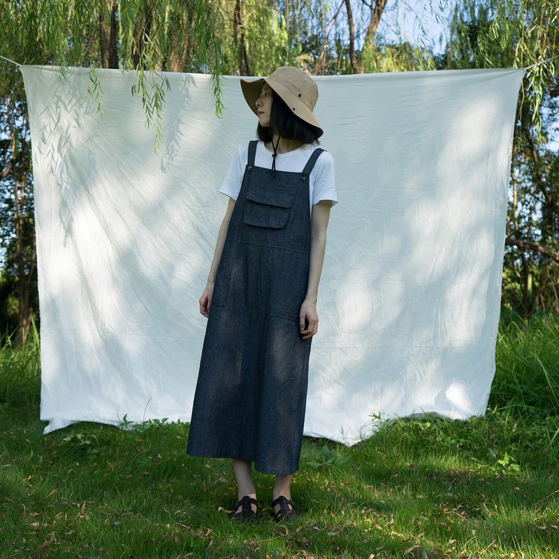 色织原色牛仔 立体贴袋背带裙 工装休闲 背带洋装 - 洋装/连衣裙 - 棉．麻 蓝色