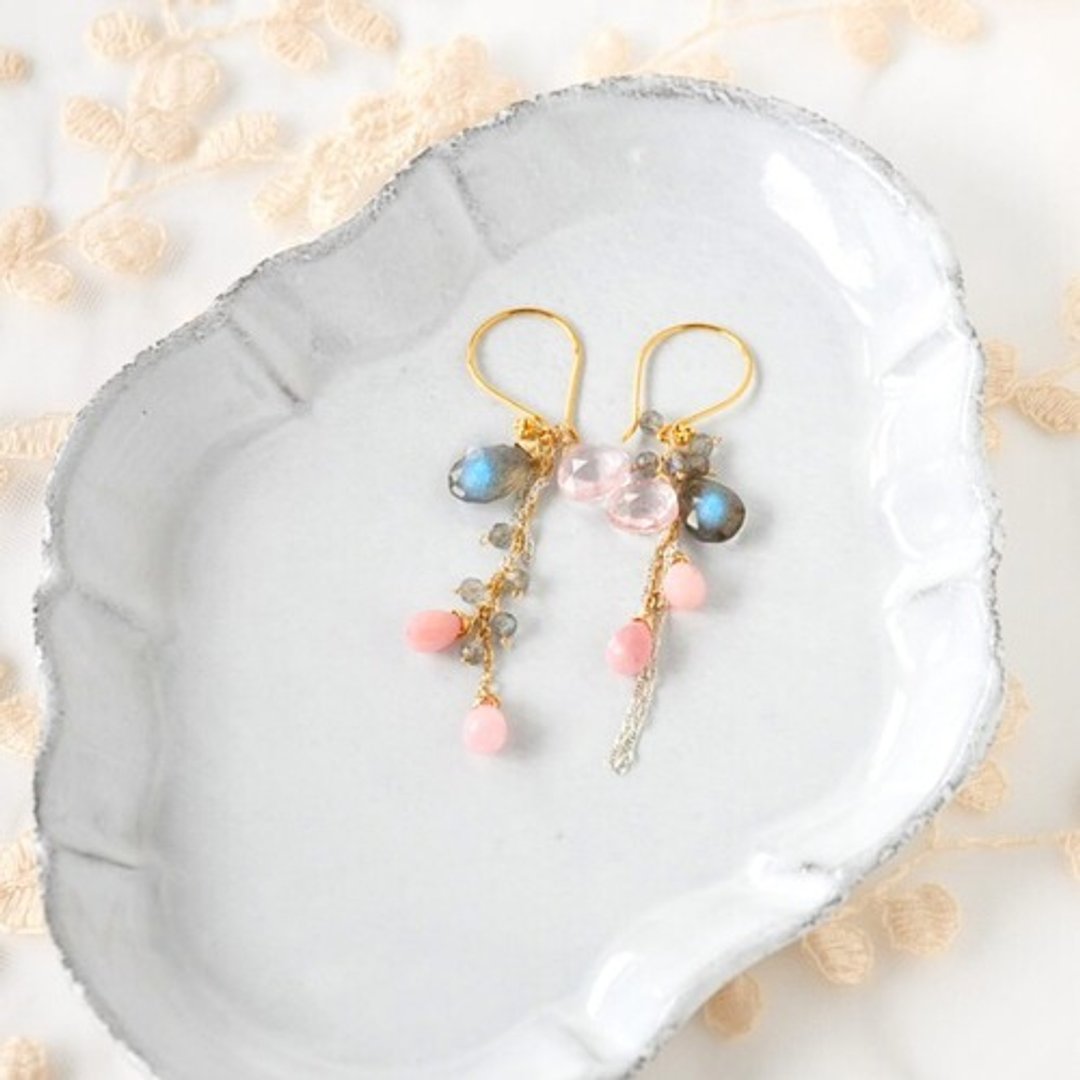 14kgf/rose quartz x labradorite x pink opal earrings - 耳环/耳夹 - 宝石 