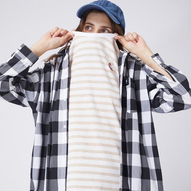 【中性款】拼接圆领上衣 / 卡其白条纹 - 女装 T 恤 - 棉．麻 卡其色