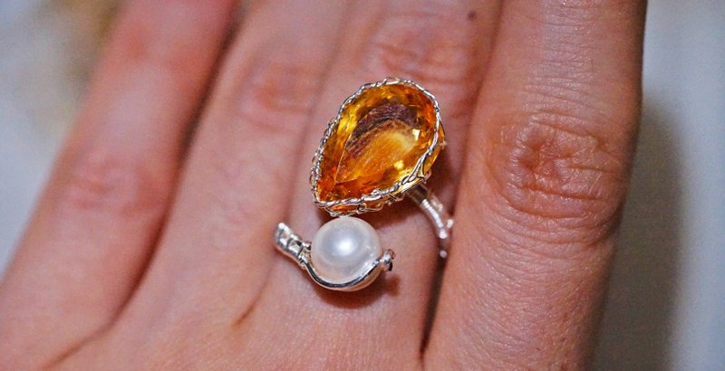 纯手工银绕线高品质黄水晶珍珠开口戒指 - 戒指 - 宝石 多色