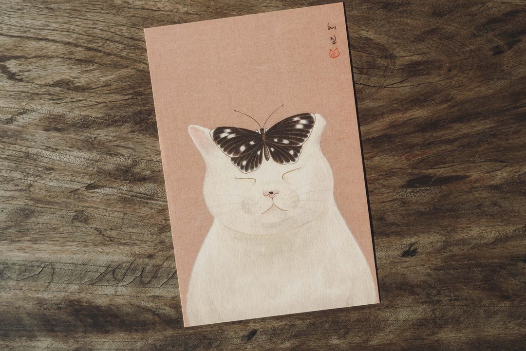 蝴蝶停了 猫也想睡了。韩国艺术家혜진猫咪明信片 - 卡片/明信片 - 纸 