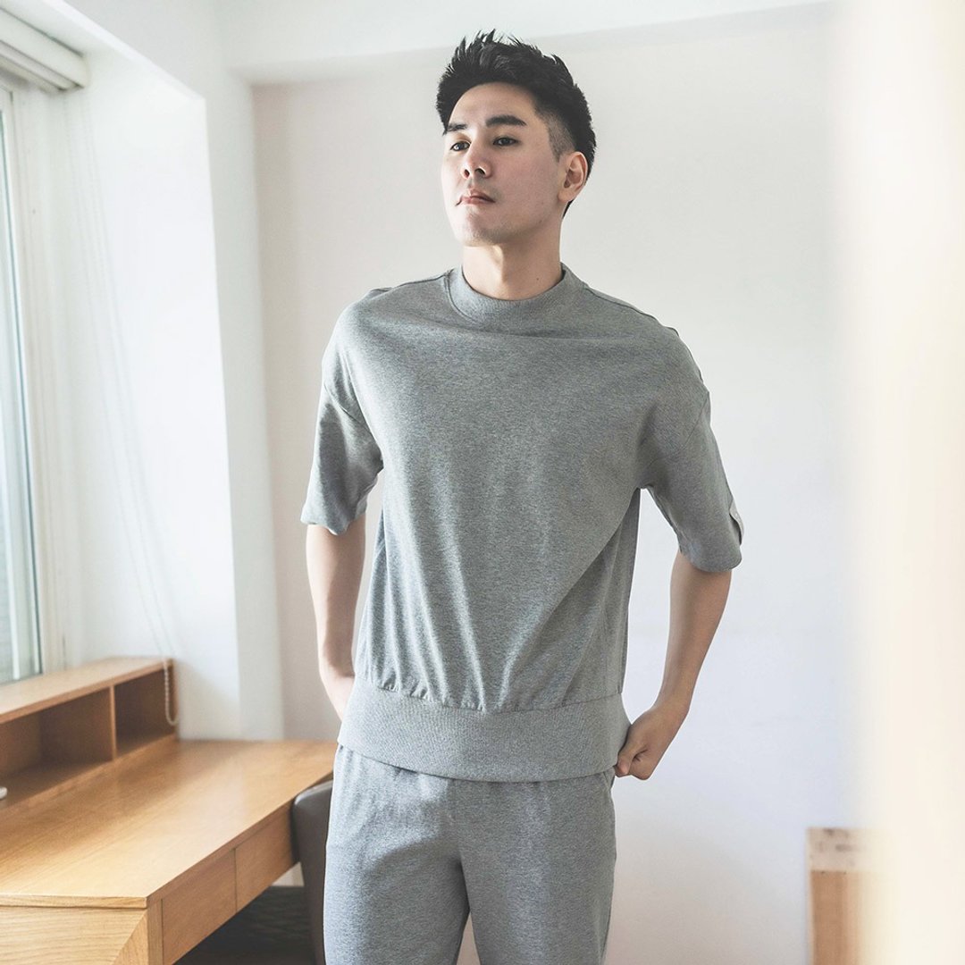 UMORFIL胶原蛋白素面五分袖男家居服/睡衣/居家服-麻花灰 - 居家服/睡衣 - 棉 灰色