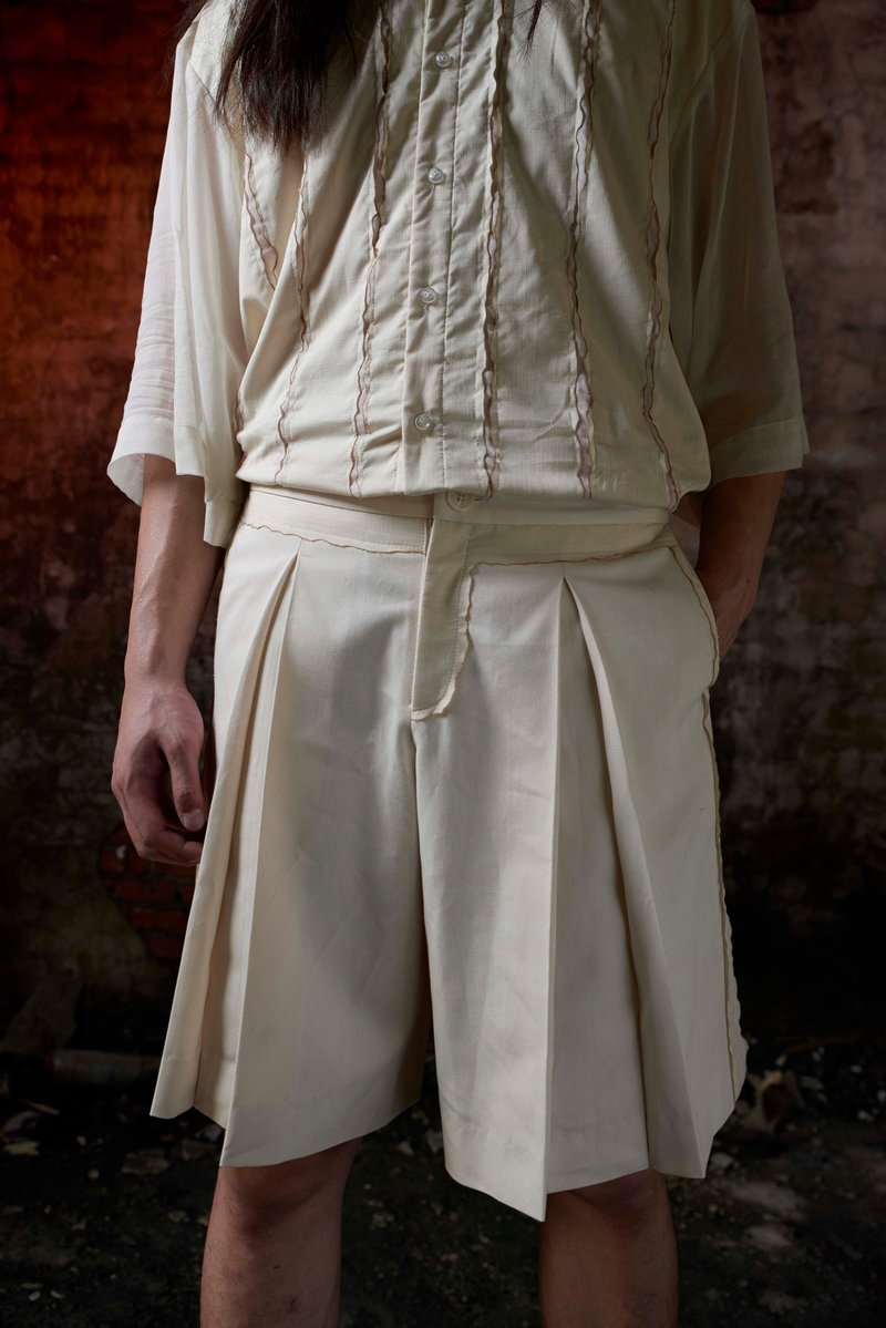 烧边打褶宽短裤(181P02) - 男士长裤 - 棉．麻 白色