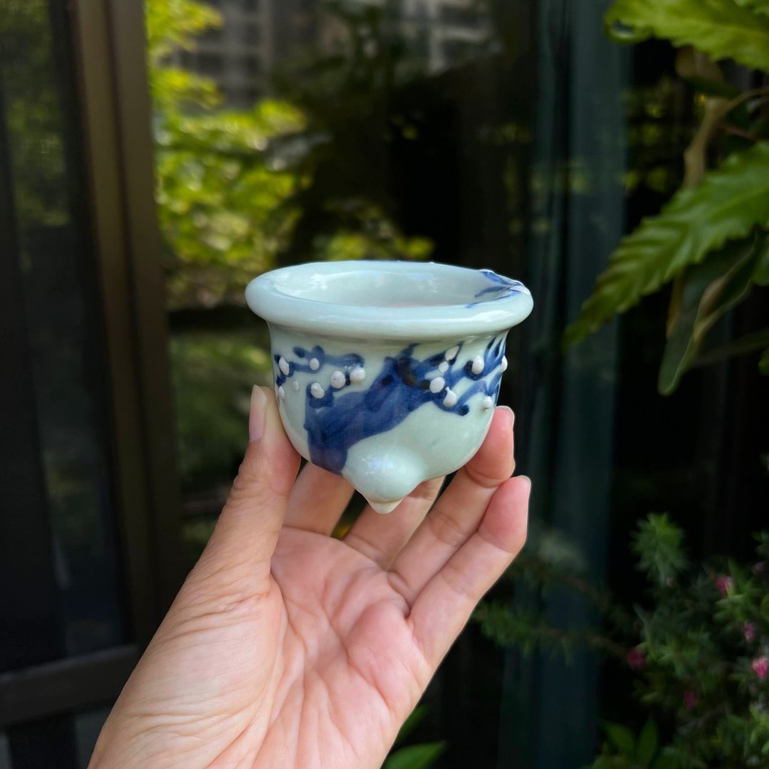 日本濑户烧∣青瓷染付梅树迷你圆钵 - 植栽/盆栽 - 陶 