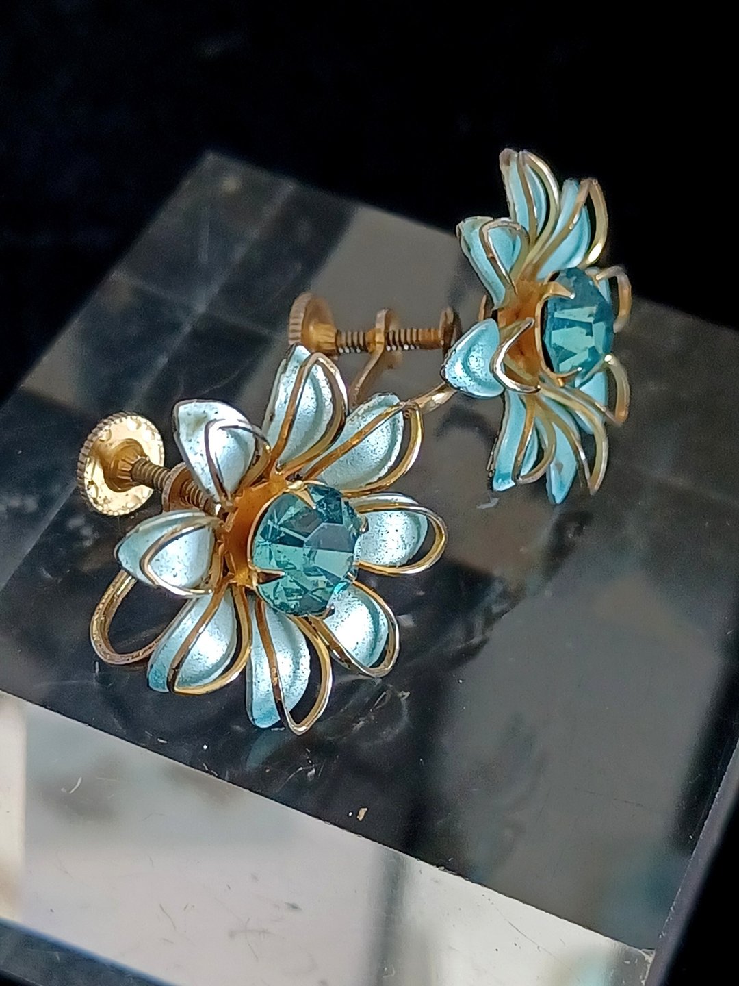 vintage jewelry Bugbee Niles 古董雏菊莱茵珐琅 夹式耳环 - 耳环/耳夹 - 其他金属 