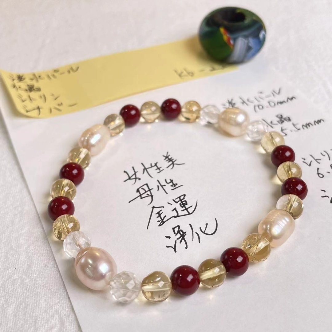 珍珠 黄晶 朱砂 天然矿石 能量 手作礼物 日本制 水晶手链 - 手链/手环 - 水晶 黄色