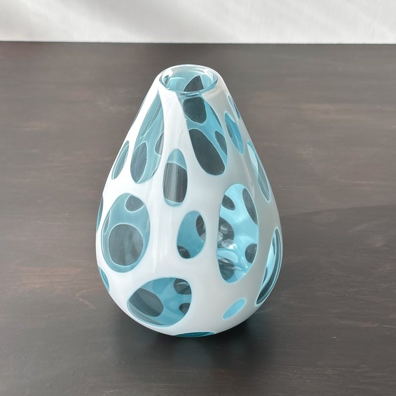 吹制玻璃花器 浅蓝色圆点 - 花瓶/陶器 - 玻璃 