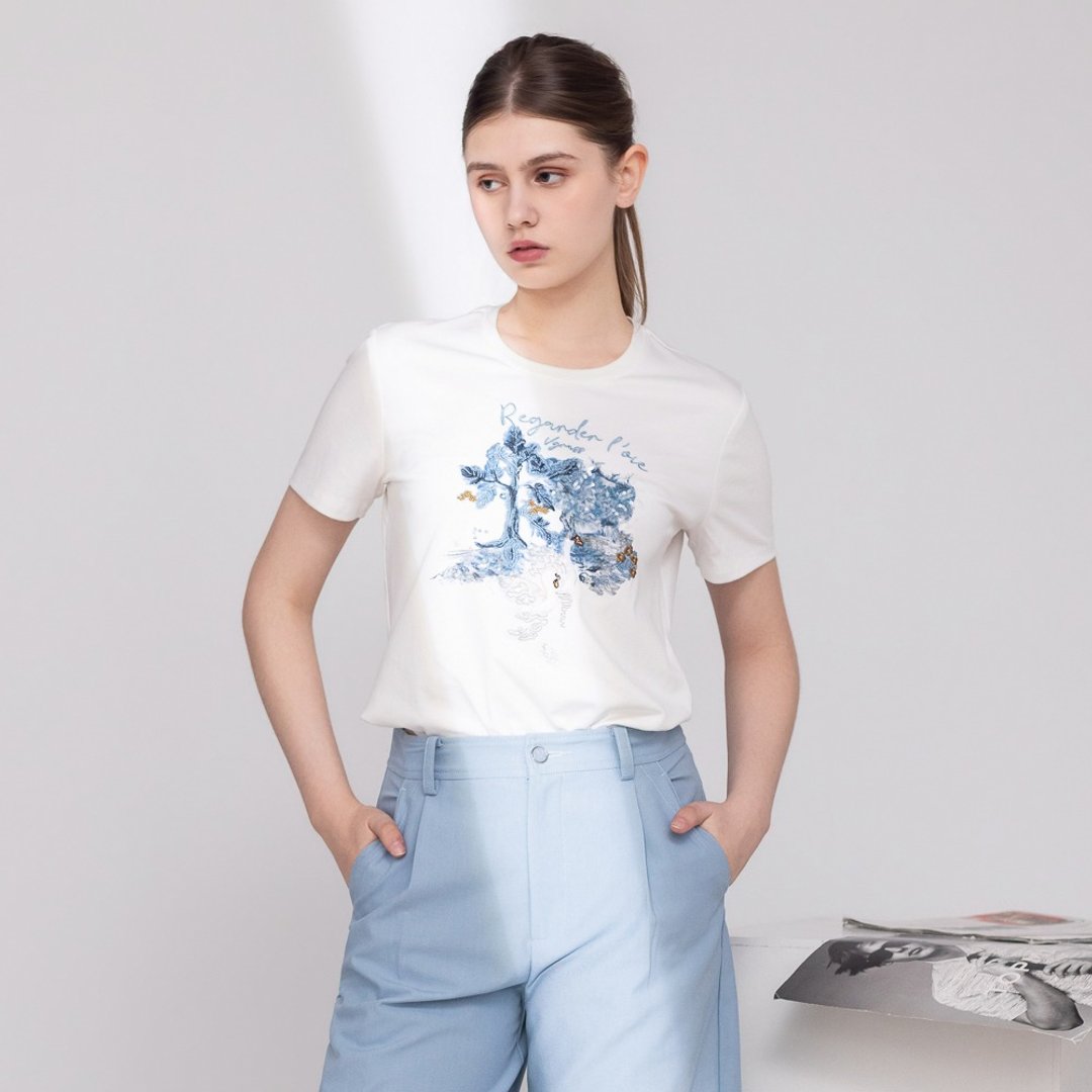 【MEDUSA】水彩印花圆领短袖 T 恤 (M-XL) | 印花 T 恤 夏季穿搭 - 女装 T 恤 - 棉 白色