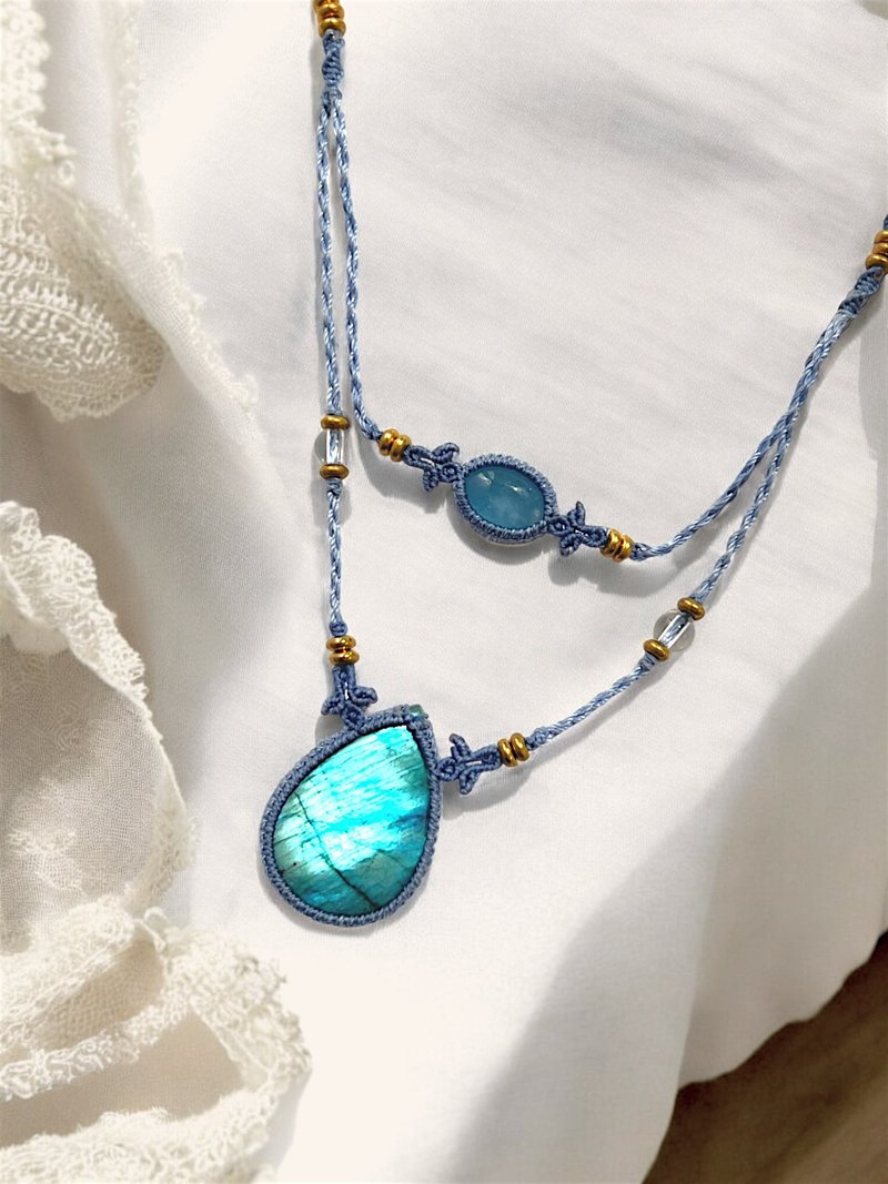 Crystoria Stone | Macrame | 南美蜡线 | 项链 | 拉长石+月亮石 - 项链 - 宝石 蓝色