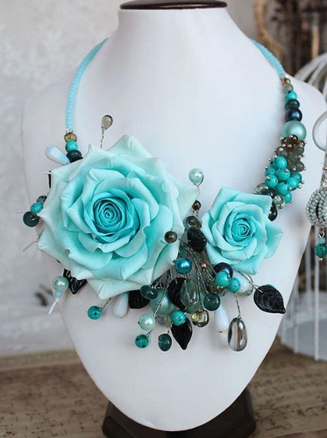 Flower Necklace, Floral Necklace, Handmade Necklace, Chunky Necklace, Statement - 项链 - 植物．花 蓝色