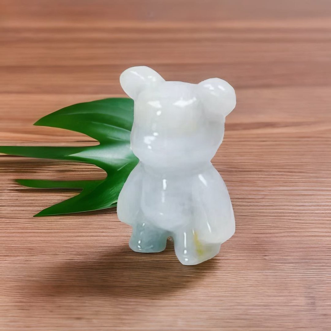 【熊熊玉见你】飘花可爱小熊摆饰 | 天然缅甸玉翡翠A货 | 送礼 - 摆饰 - 玉石 白色