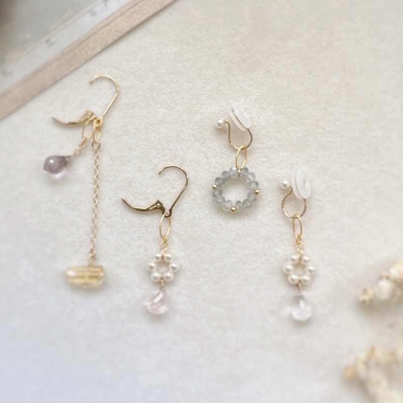 14KGF 天然水晶耳坠集合 可组合叠带 紫水晶 粉晶 黄水晶 拉长 - 耳环/耳夹 - 宝石 金色