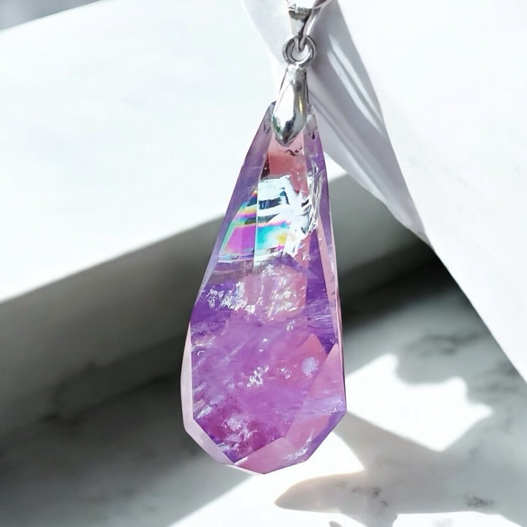 珍贵天然 彩虹光 粉晶 尖锥 灵摆 水晶 项链 紫黄晶 彩虹 紫晶 - 项链 - 水晶 紫色