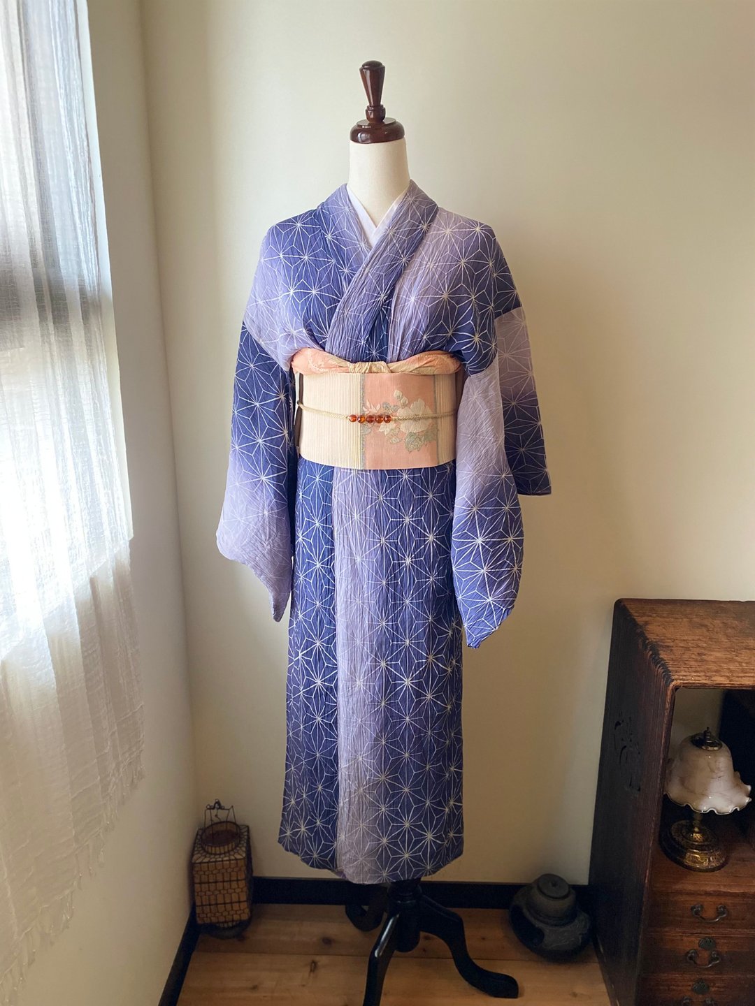 渐层麻叶亚麻缩缅古着小纹和服单衣 - 洋装/连衣裙 - 棉 蓝色