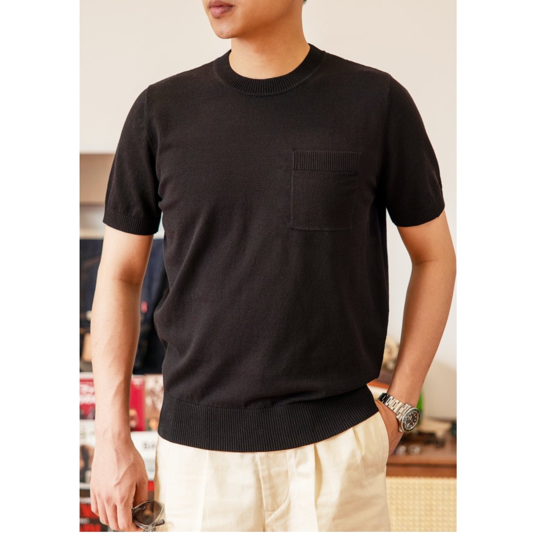 短袖圆领针织衫 加厚螺纹 无缝锁编 凉爽舒适 春夏 四色 T-shirt - 男装上衣/T 恤 - 棉 黑色