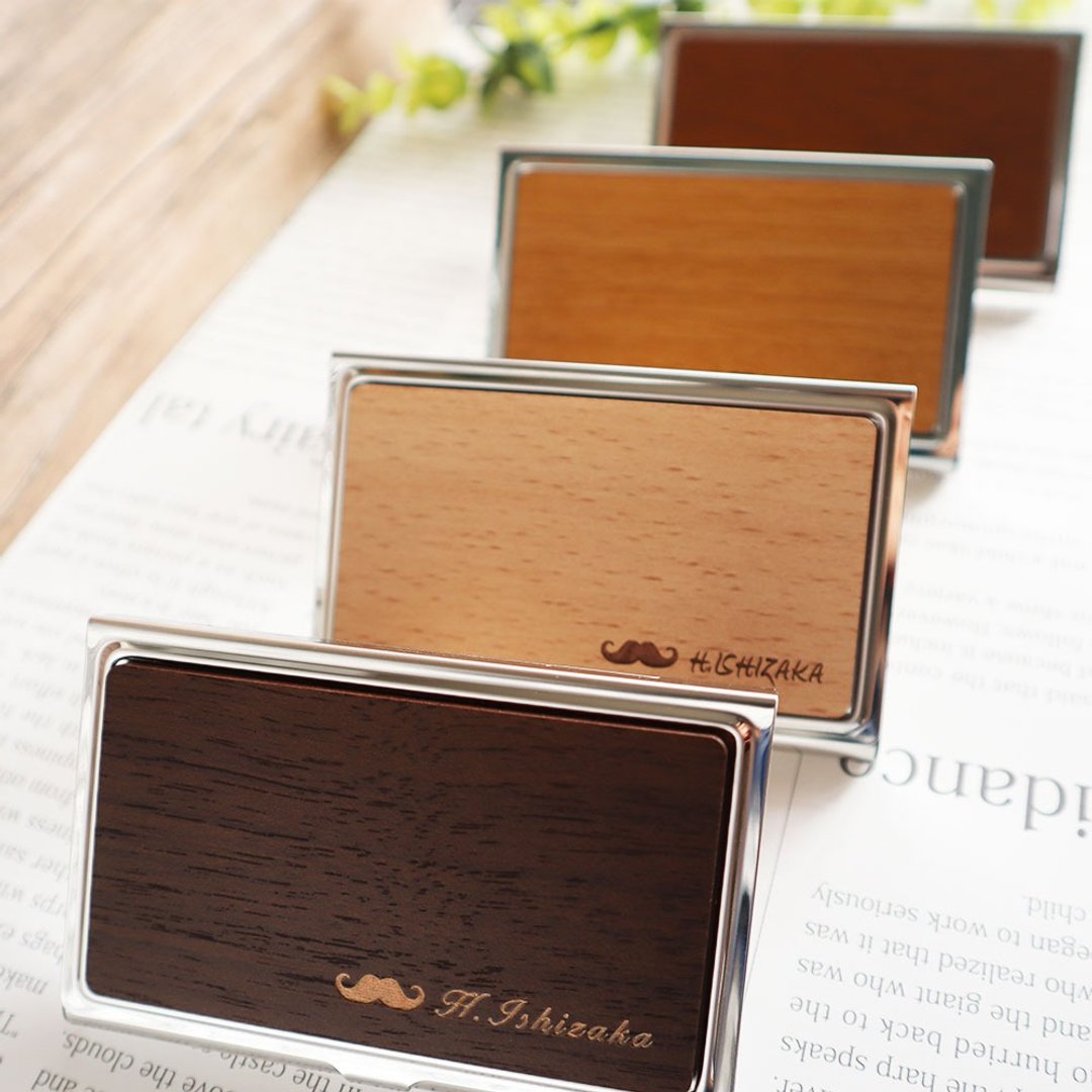 Mustache Business card holder Wooden Stainless Steel name can be engraved Christmas gift Customizable gift - 时钟/闹钟 - 木头 咖啡色