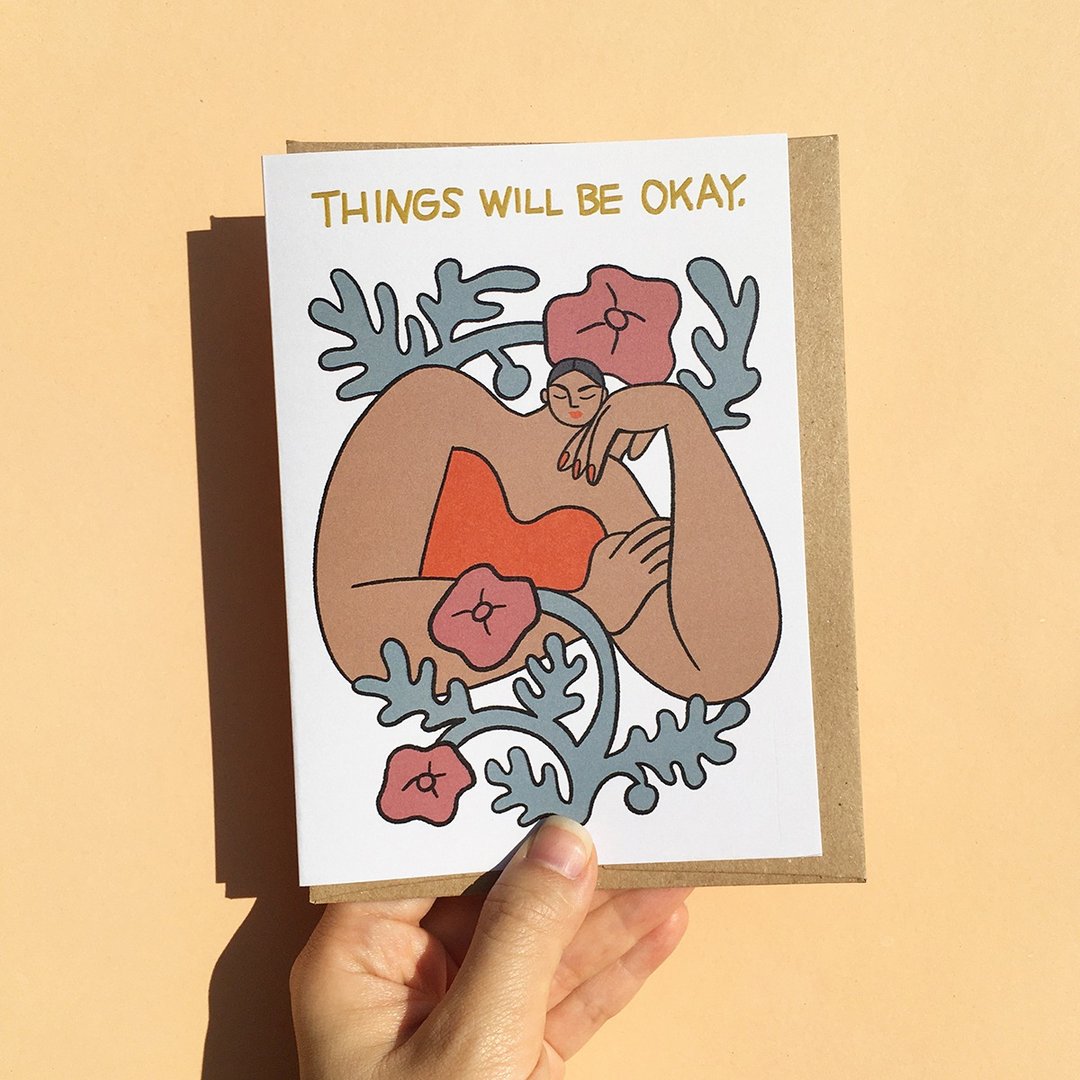 鼓励人心的简约风明信片，描绘女性与花朵，传递“Things Will Be Okay”的消息。 - 卡片/明信片 - 纸 
