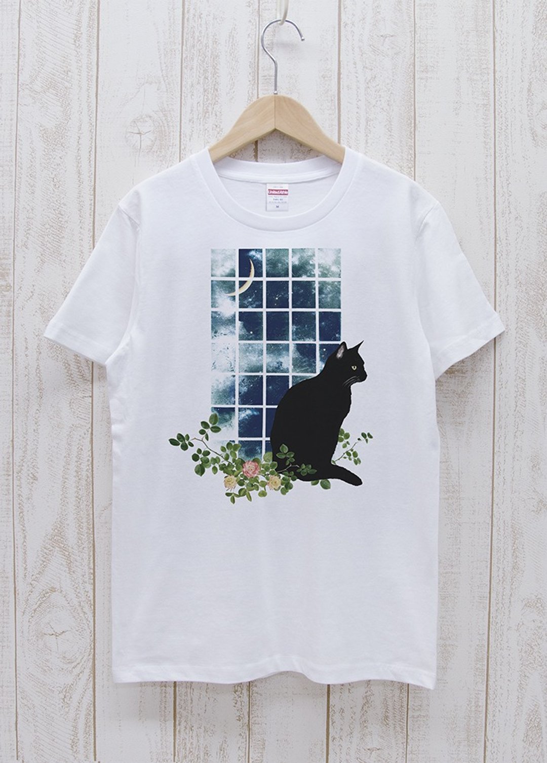静谧黑猫 窗边MOON 白色 / R031-T-WH - 中性连帽卫衣/T 恤 - 棉 白色