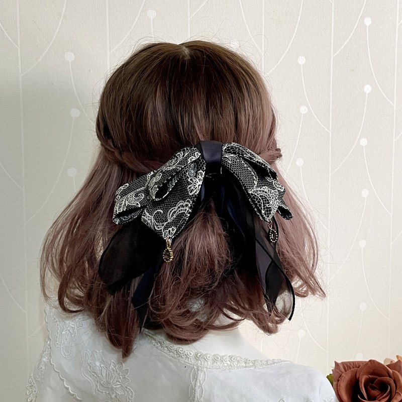 炭灰/古典蕾丝布艺香蕉夹 弹簧夹发圈 大肠圈 发夹 马尾夹 发梳 - 发饰 - 棉．麻 灰色