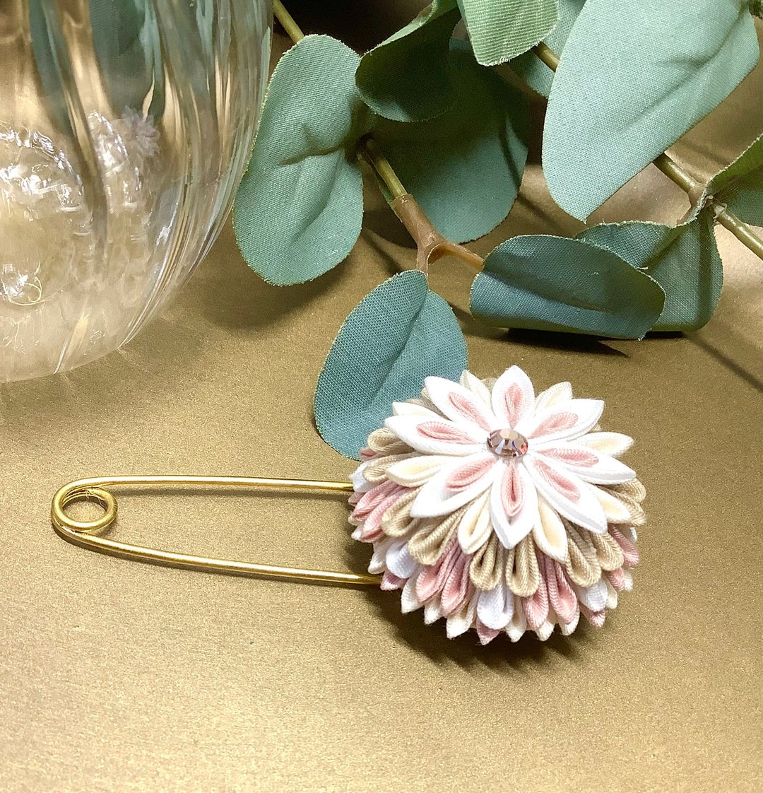 布花作品　胸针　和风布花　胸花　帽针　布花细工　优雅的　可爱 - 胸针 - 棉 粉红色