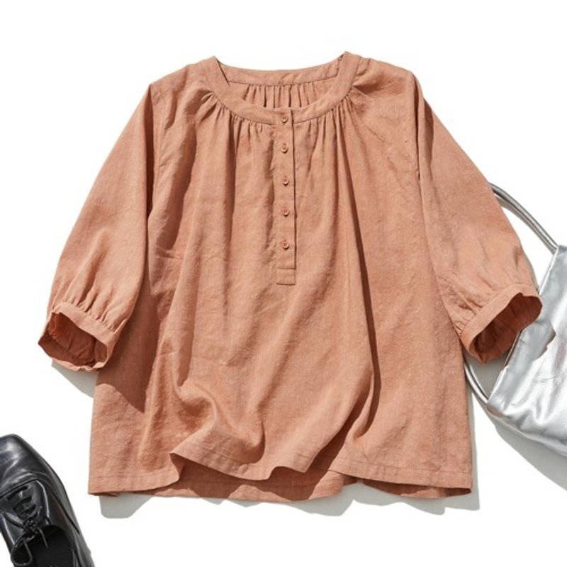 日系质感 棉麻七分袖气质衬衫 慵懒优雅 宽松廓形 栌色 240703-2 - 女装上衣 - 棉．麻 