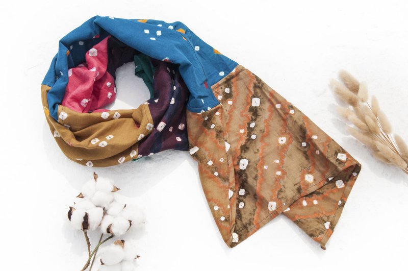 印度纯绵围巾 手工围巾 拼布绑染丝巾 扎染草木染棉丝巾-海洋泡泡 - 围巾/披肩 - 棉．麻 多色