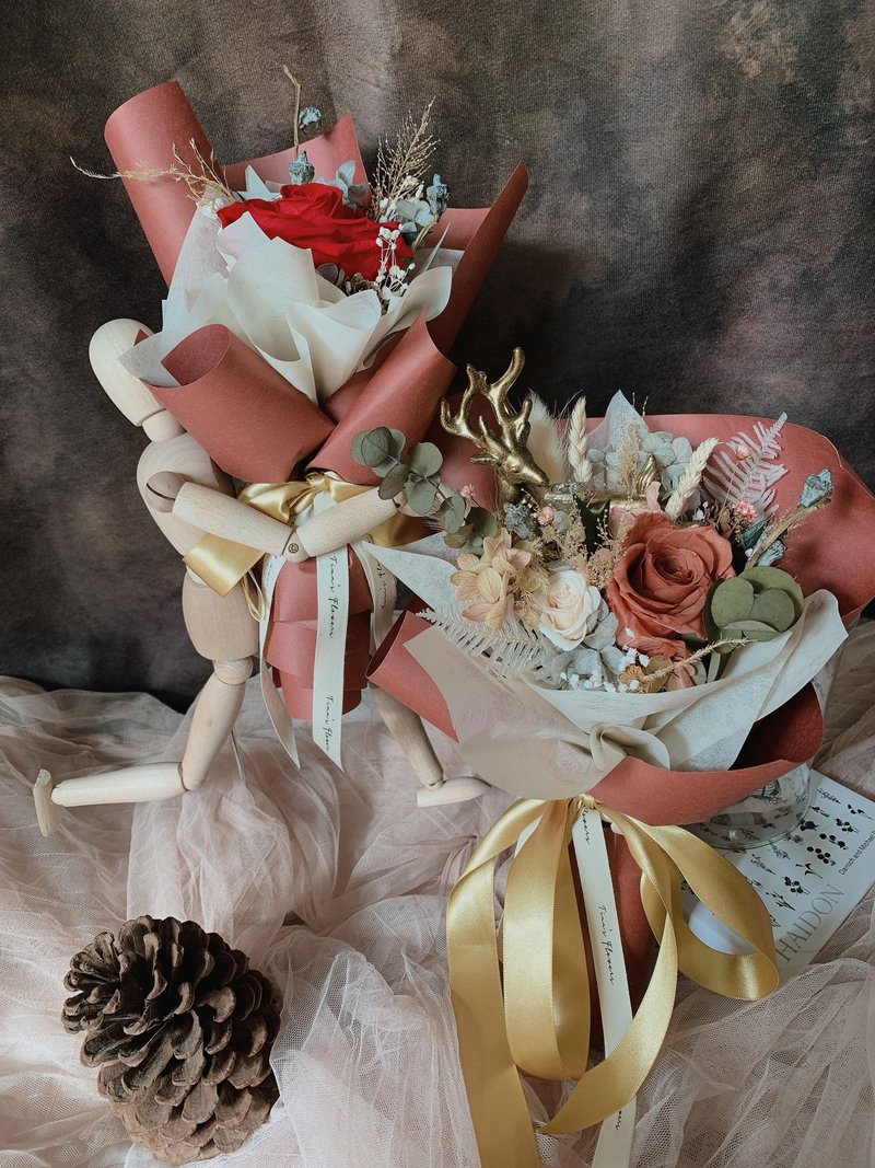 圣诞永生花束 复古麋鹿花束 圣诞红玫瑰花束 - 干燥花/捧花 - 植物．花 红色