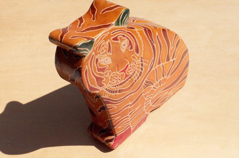 交换礼物 限量一件手工山羊皮存钱筒 / 手绘风格皮革钱包  - 森林风老虎先生 大猫 - 储蓄罐 - 真皮 橘色
