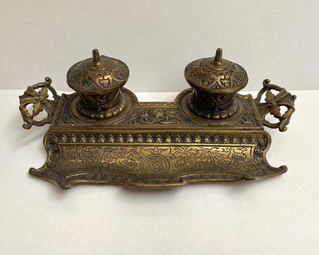 1900 年代早期法国独特古董铸铜双墨水瓶 - 其他 - 其他金属 金色