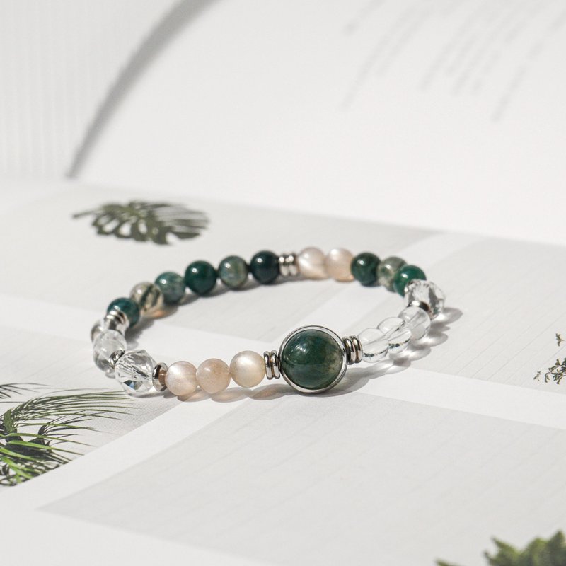 水草玛瑙、月光石、白水晶-情绪平衡 能量净化疗愈手链 - 手链/手环 - 水晶 绿色